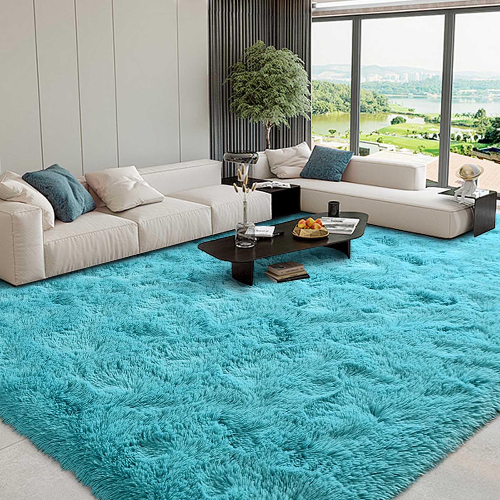 Photo 1 of FinRe?c 8x10 Ft Rugs for Living Room Bedroom, Soft Blue Plush Shaggy Area Rug, Non-Slip Solid Fluffy Rug for Kids Room Girls Dorm Room Home Decor, Indoor Floor Carpet