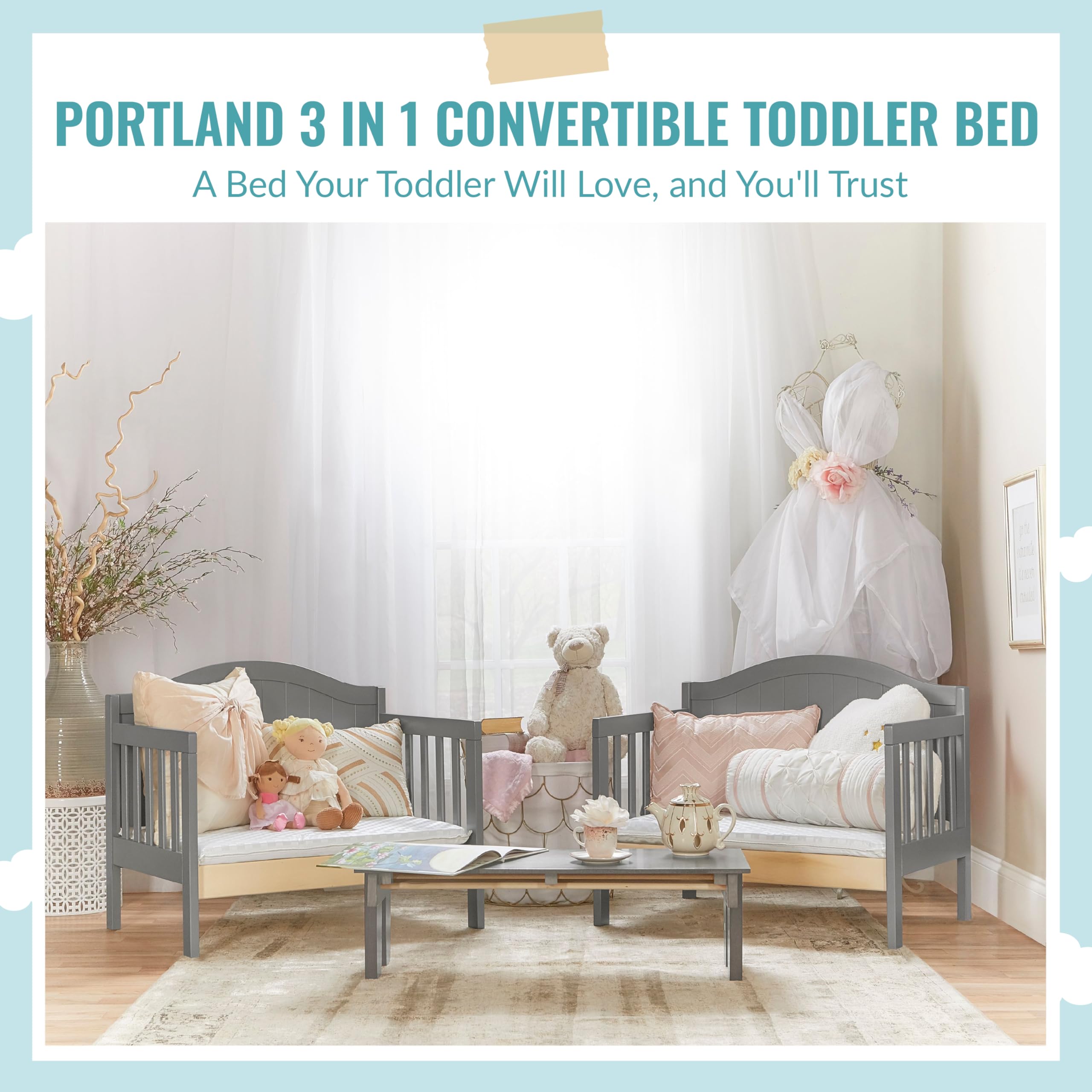 Dream On Me Portland 3 In 1 Convertible Toddler Bed in Steel Grey, Greenguard Gold Certified, JPMA Certified, Low To Floor Design, Non-Toxic Finish, Pinewood