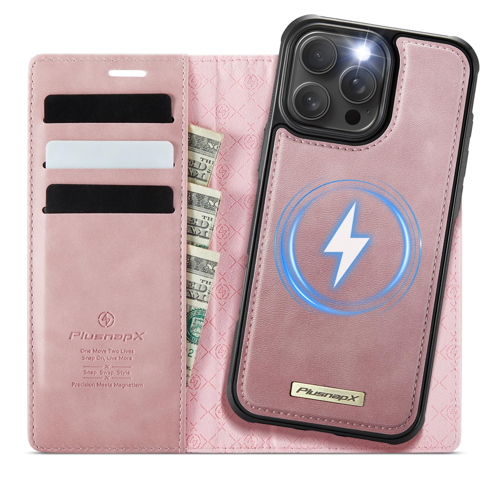 Photo 1 of PlusnapX Wallet Case for iPhone 16 Pro Max Compatible with Magsafe, 2-in-1 PU Leather Flip RFID Blocking Card Holder Stand Shockproof Magnetic Detachable Cover for iPhone 16 Pro Max Case 6.9", Pink