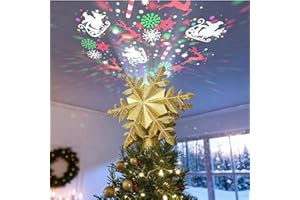 DG-Direct Christmas Tree Topper Lighted with 6 Projected Patterns, Led Rotating Magic Snowflake, 3D Hollow Glitter Lighted Silver Snow Tree Topper for Christmas Tree Decorations, Gold