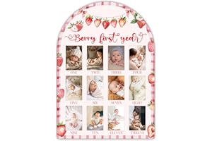 UIBOVA Berry My First Year Photo Board, Pink Strawberry Baby Milestone Signs for Girls Boys Nursery Decor, 12 Month Wooden Picture Board for 2x3 Photos, Best Babies Keepsake Gifts-A15