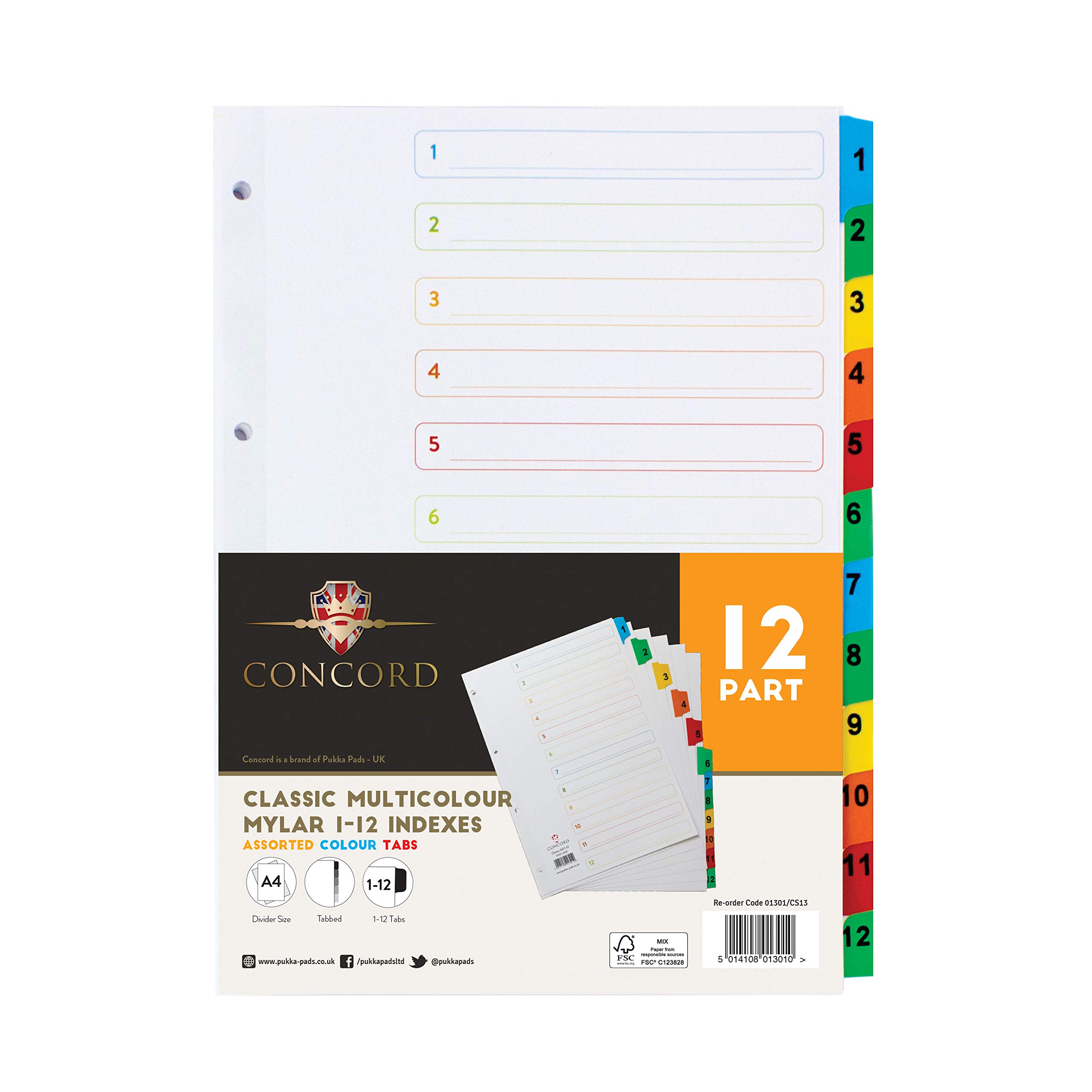 Pukka Pad Concord 12 Part A4 Mylar Dividers - 1 Pack of 12 Tab Set, 4-Hole Punch Compatibility, Numbers 1-12