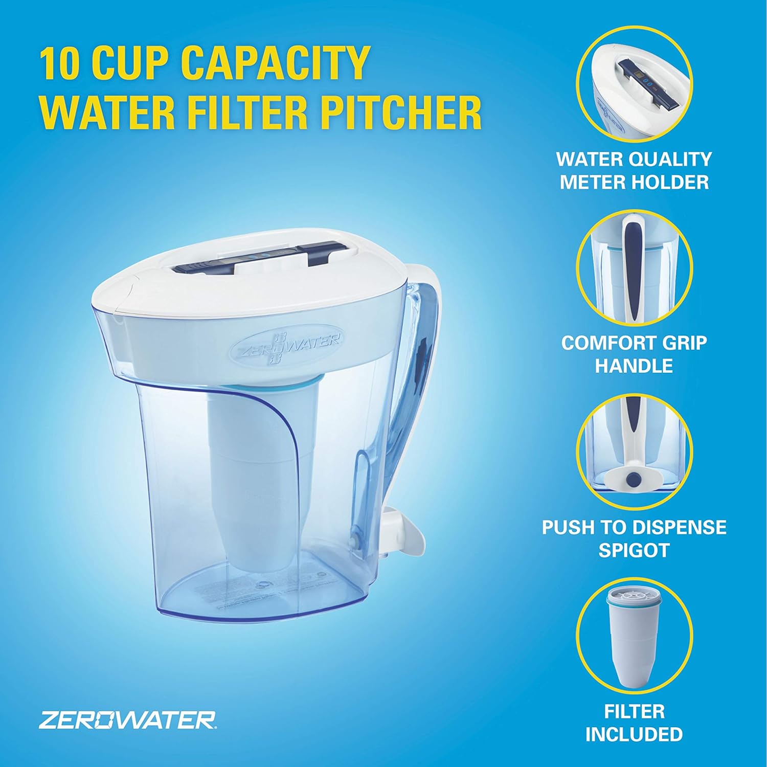 ZeroWater ZP-010, 10 Cup Water Filter Pitcher with Water Quality Meter: Pitcher Water Filters: Kitchen & Dining