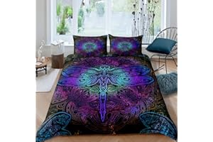 Erosebridal Bohemian Dragonfly Comforter Cover Queen Size Mandala Paisley Bedding Set Purple Dragonfly Duvet Cover Tie Dye Trippy Gypsy Iridescent Chic Hippie Quilt Cover, Decor 3 Pcs