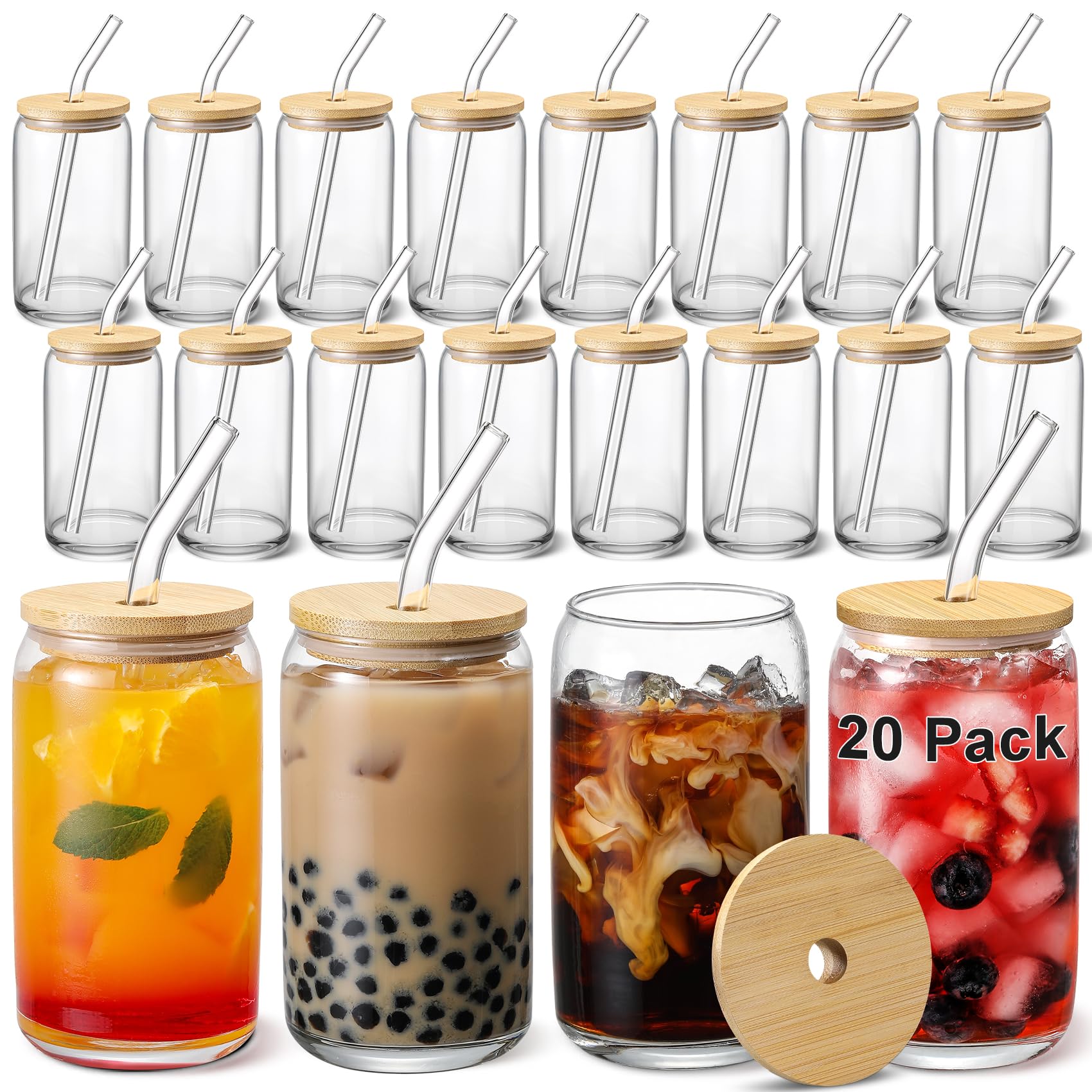 Photo 1 of VITEVER [ 20pcs Set ] Glass Cups with Bamboo Lids and Glass Straw - Beer Shaped 16 oz Iced Coffee Drinking Glasses, Cute Tumbler Cup for Smoothie, Boba Tea, Whiskey, Water