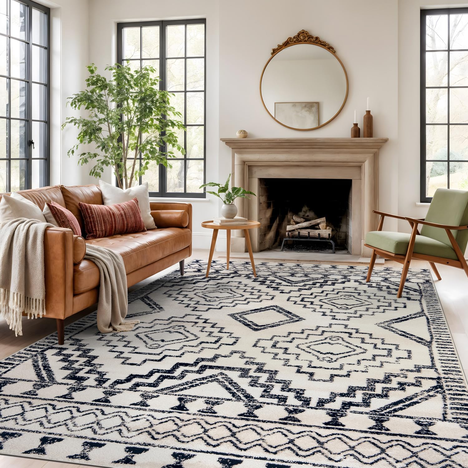 Rugshop Cream and Black Southwestern Tribal Area Rug – Boho Geometric Diamond Pattern Carpet for Living Room, Bedroom, or Entryway – Soft Modern Rustic Floor Décor 7′ 10″ x 10′ Cream