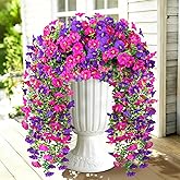 Artificial Hanging Flowers for Outdoors, 2 PCS 300 Blooms UV Resistant Morning Glory Faux Silk Vines, No-Odor Realistic Fake Plants for Garden Planter Porch Patio Decoration, Fuchsia &amp; LightPurple