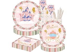 120PCS Princess Party Supplies,Princess Birthday Tableware Serves 24 Include Plates, Napkins, Cups Straws Complete Pack for B