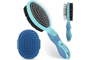 AMERICAN KENNEL CLUB AKC - Double-Sided Grooming Brush for Dogs & Cats |Soft Bristles & Stainless Steel Pins for Removing Tangles, Shedding & Loose Fur |Gentle on Skin | Comfortable Grip Handle for Easy Brushing & Bathing