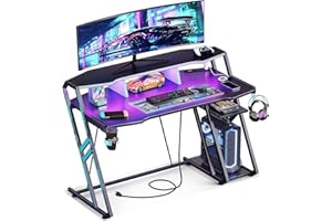 MOTPK Gaming Desk with Power Outlet & LED Lights, Gaming Computer Desk 47inch with PC Storage Shelf, Gaming Table with Carbon Fiber Texture, Gamer Desk, Gift for Boys Men, Black