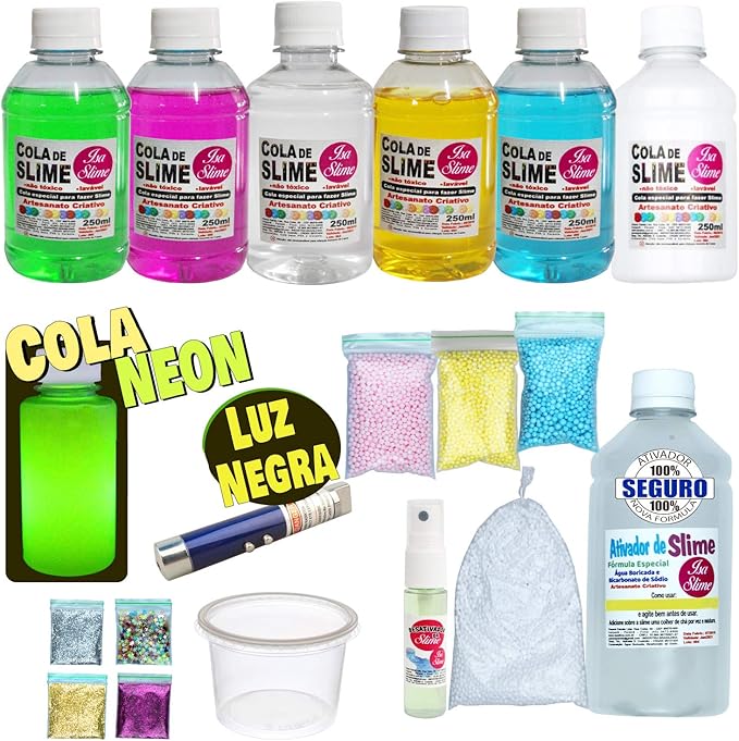 Kit Completo Para Fazer Slime Colas Coloridas Transparentes + Cola Neon e Luz Negra