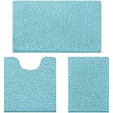 HOMEIDEAS 3 Pieces Bathroom Rugs, Ultra Soft Non Slip Absorbent Chenille Toilet Bath Mat Set (Aqua Blue)