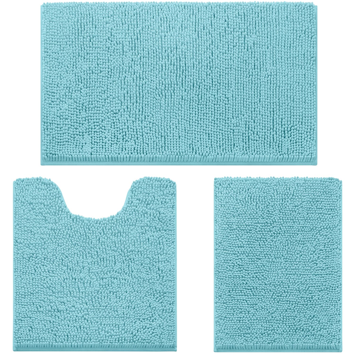 HOMEIDEAS 3 Pieces Bath Mat Set, Soft Chenille Bathroom Rugs Mat, 3X Absorbent Spa Shaggy Bath Rugs Set, Machine Washable & Non Slip Bath Mats for Bathroom, Tub, Shower（Spa Blue）