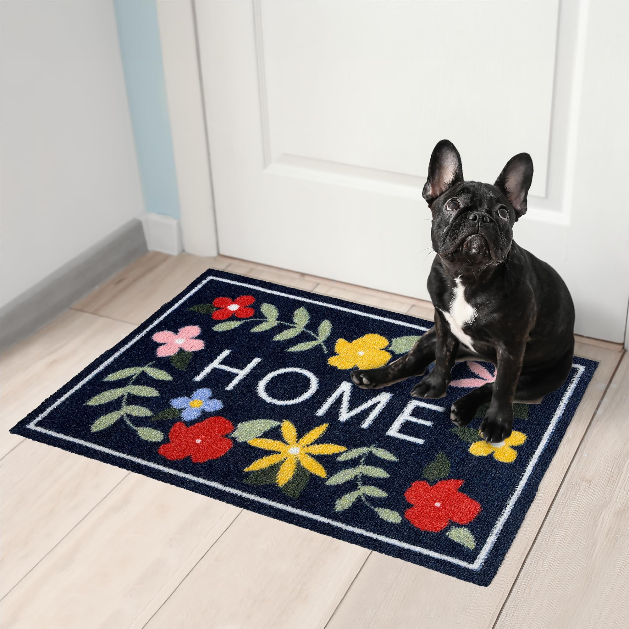 Mighty Mats Eco Flex Washable Door Mat - Highly Absorbent Anti-Slip Dirt Trapper Indoor Doormat with Anti-Curl Rubber Base - Floral Home Navy, 50 x 75cm
