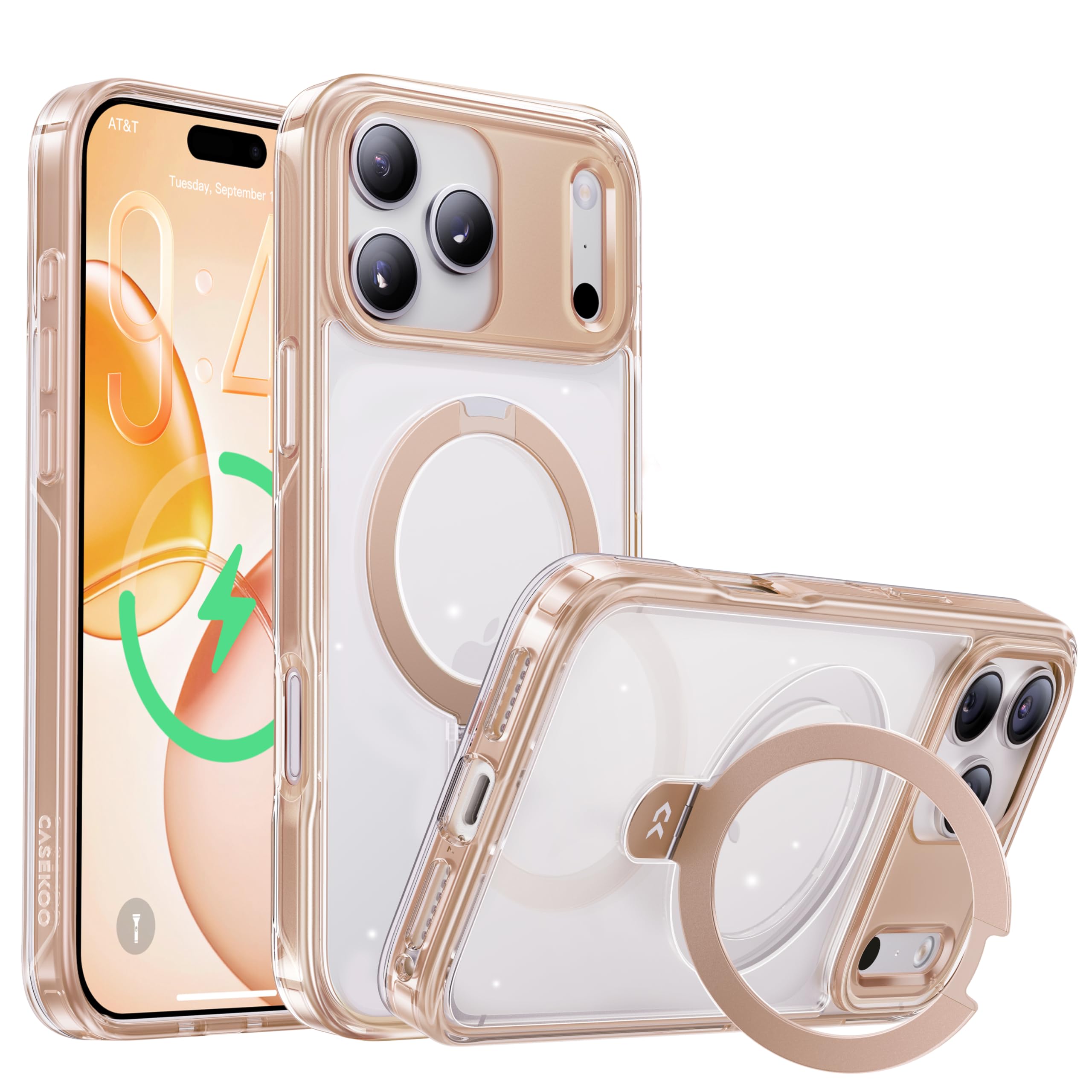 Photo 1 of CASEKOO Champagne Gold for iPhone 17 Pro Max Case with Ultra Magnetic Stand, Fit for MagSafe, 16FT Military Grade Protection, Kickstand for Viewing & Work, Clear Back, Champagne Gold