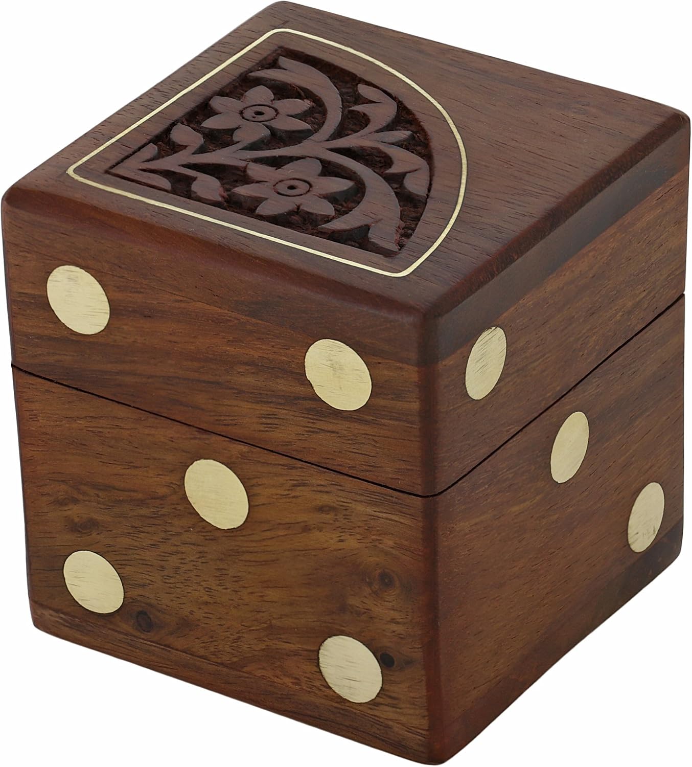 Ajuny Handmade Floral Pattern Engraved Wooden Game Dice Box With Five Wood Dices Size 2.5x2.5x2.5 Inches