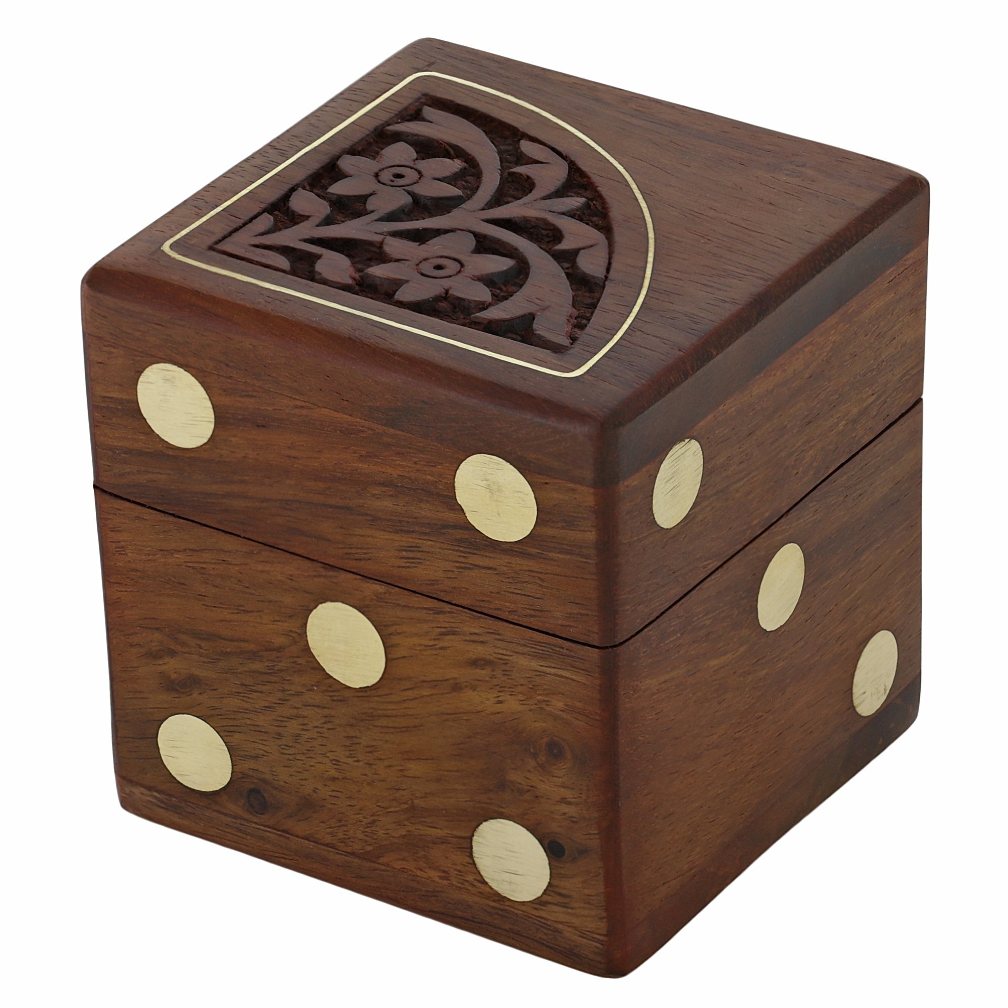 Ajuny Handmade Floral Pattern Engraved Wooden Game Dice Box With Five Wood Dices Size 2.5x2.5x2.5 Inches