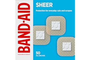 BAND-AID Brand Sheer Spots Adhesive Small Square Bandages, Sterile, Individually Wrapped Discreet First Aid & Wound Care for Minor Cuts & Scrapes, Quilt-Aid Comfort Pads, One Size, 50 ct