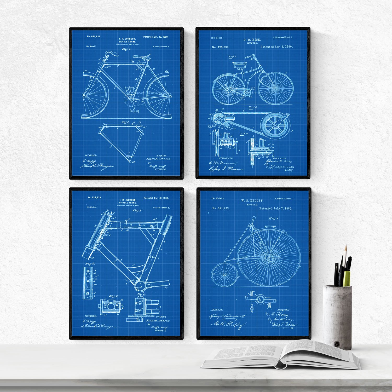 Nacnic BLUE - Pack of 4 sheets with patents BICYCLES. Set posters with inventions and old patents. Choose the color you like. Printed on 250 grams