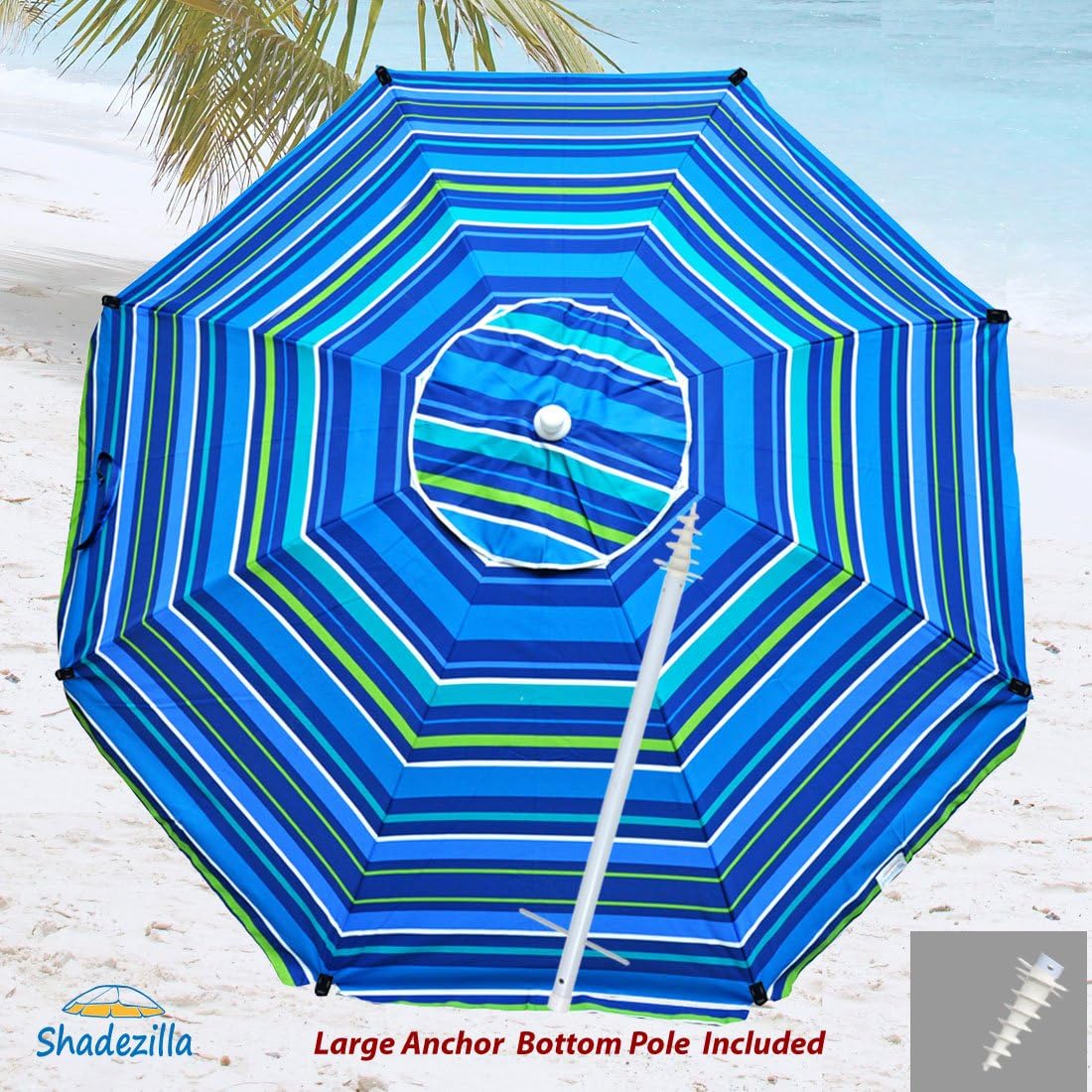 Shadezilla 8ft Premium Heavy Duty Fiberglass Beach Umbrella UPF 100+ with