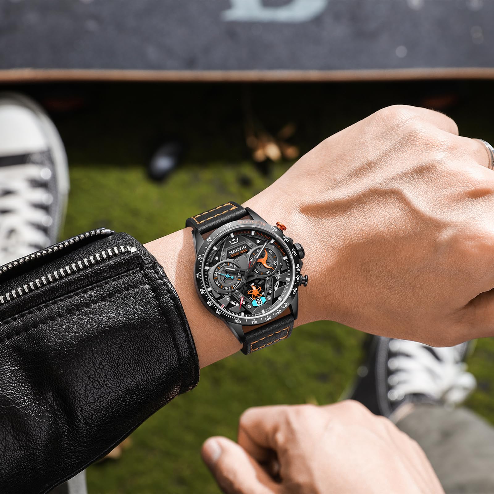 marvin Chronograph Watches for Men Swiss Mens Watch Luxury Men's Wrist Watches with Leather Strap and Weekday,Hour,Date Dial,Quartz Movement,Stainless Steel Case, Luminous,50M Waterproof