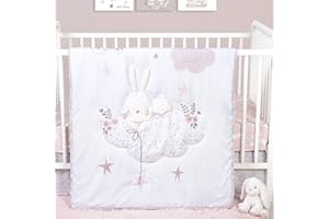 Sammy & Lou Cottontail Cloud 4-Piece Baby Nursery Crib Bedding Set for Girls, Includes Quilt, Fitted Crib Sheet, Crib Skirt, and Plush Toy
