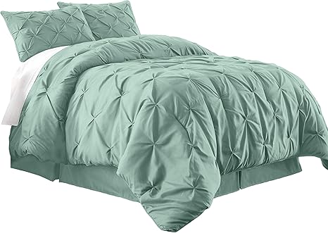 Amazon Com Chezmoi Collection Berlin 3 Piece Pintuck Pinch Pleat Bedding Comforter Set Queen Seafoam Green Home Kitchen