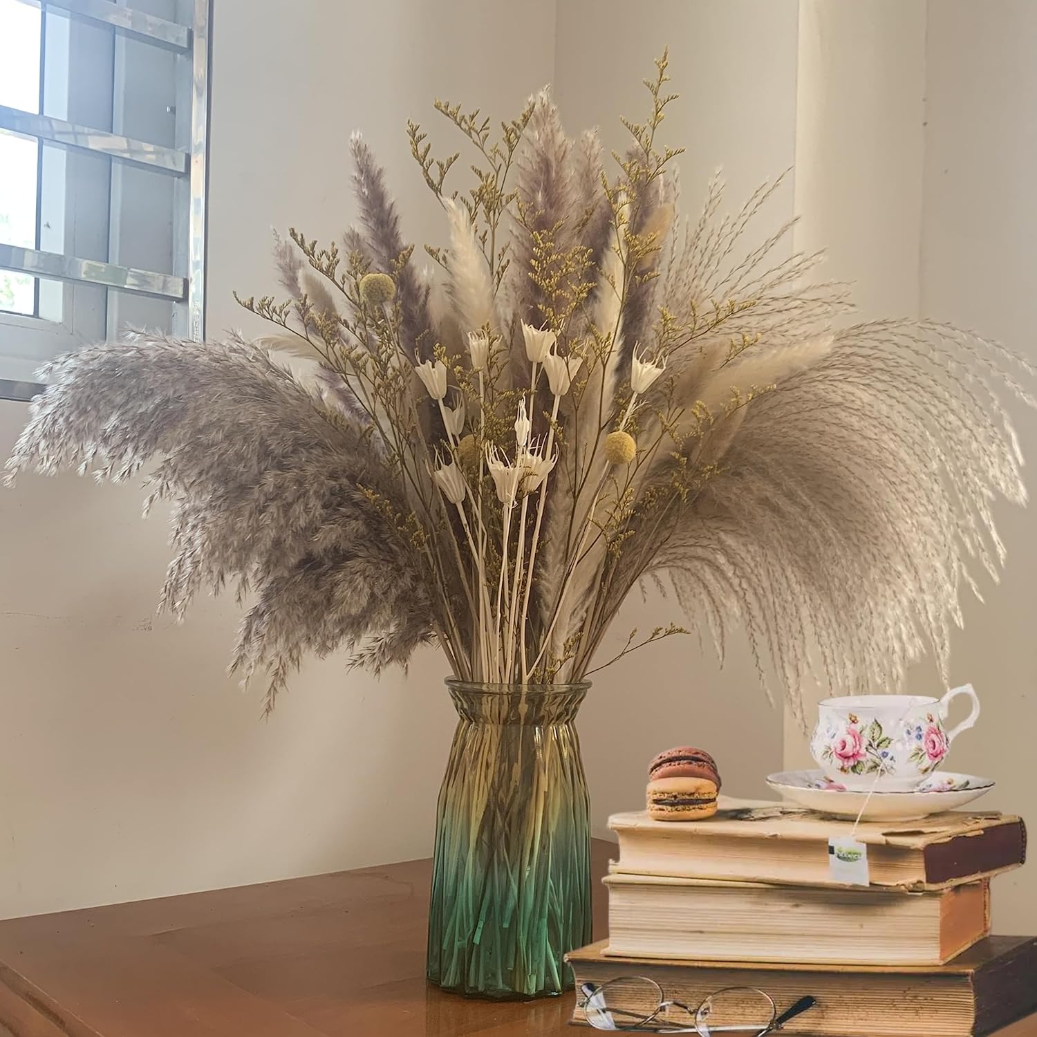 Dried & Preserved Flora - KaiLeQi100pcs Dried Pampas Grass Decor Bouquet Dried Flowers for Vase Filler Boho Wedding Table Decor Modern Farmhouse Decor Pompas Grass Floral Arrangements Home Decorations for Living Room