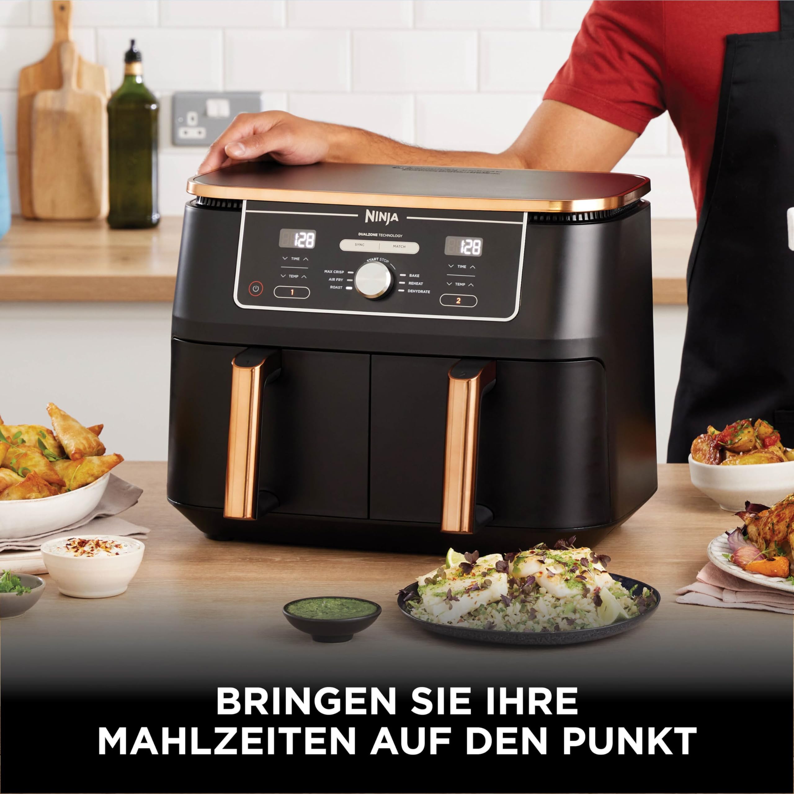 Ninja Foodi MAX Dual Zone Heißluftfritteuse, 9,5L Airfryer, 2 Fächer, mit Zange, Antihaftbeschichtung, spülmaschinenfeste Körbe, 6-in-1, Amazon Exklusiv, Kupfer/Schwarz, AF400EUCP 7