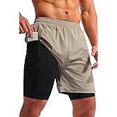 Pudolla Men’s 2 in 1 Running Shorts 5" Quick Dry Gym Athletic Workout Shorts for Men with Phone Pockets