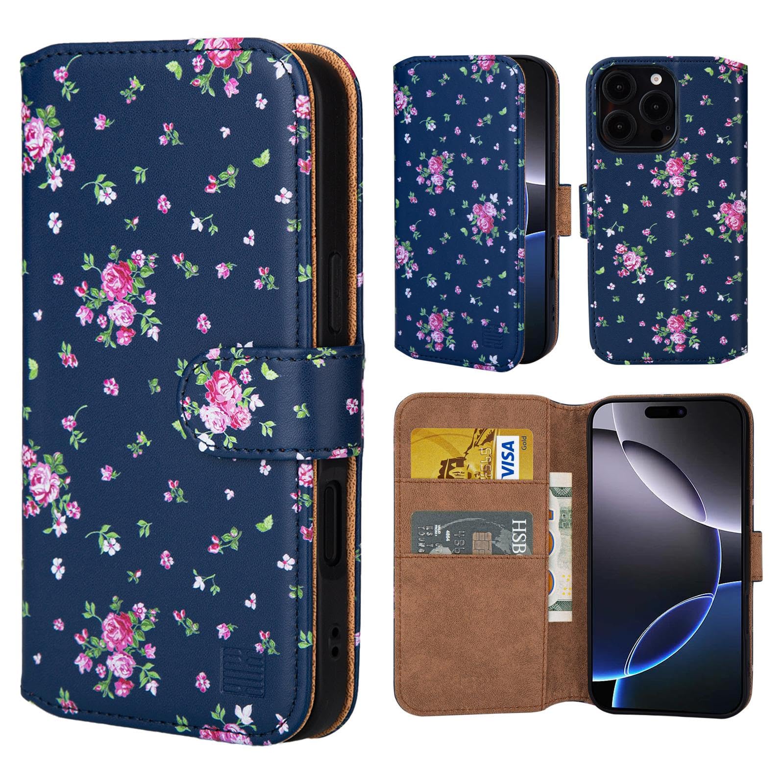 32nd Floral Series 3.0 - Design PU Leather Book Wallet Case Cover for iPhone 16 Pro Max (6.9"), Flip Case With RFID Blocking Card Slots, Magnetic Closure and Built In Stand - Vintage Rose Indigo