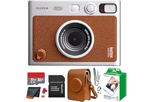 Fujifilm Instax Mini EVO Hybrid Instant Camera (Brown) Bundle with Instax-Mini Twin Pack Instant-Film 20 Sheets + 32GB Memory Card + Vintage Black Mini-Evo Camera Case + Cleaning Cloth