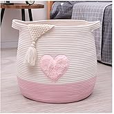 childishness ndup Large Cotton Rope Basket, Woven Storage Basket for Toy, Laundry and Blanket Organizer Basket, Round Hamper Basket with Handles for Kid's Room 17.7"x16.9" (Pink Heart)