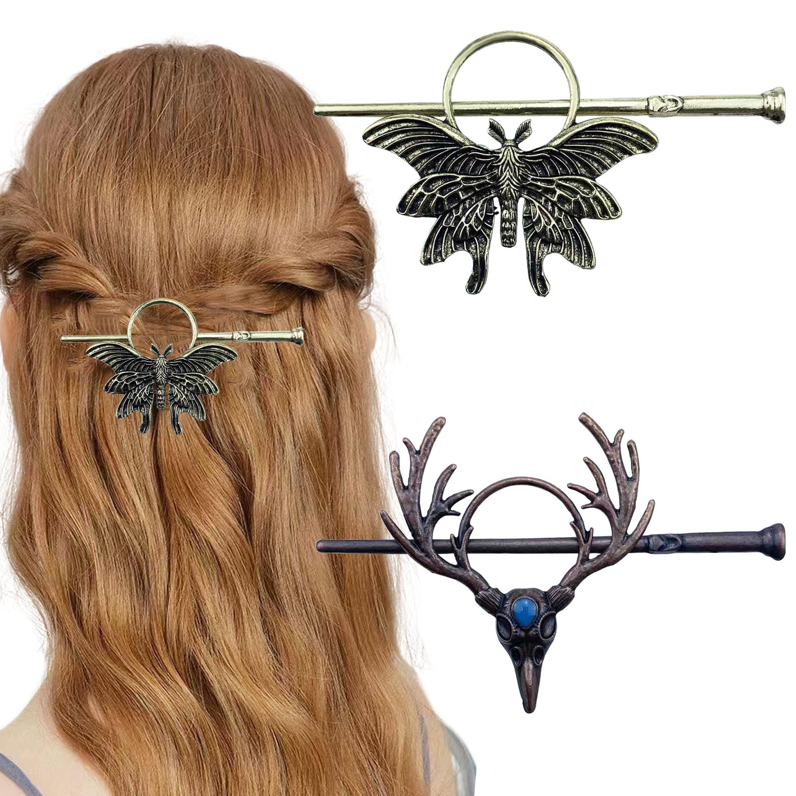 2 PCS Actias luna Moth Hair Clips Vintage Metal Hair Styling Pin Barrette Renaissance Festival Hair Sticks Bun Minimalist Hair Accessories for Women and Girls
