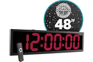 Ivation Huge 48" Waterproof Digital LED Clock w/Auto time sync - Large Outdoor Digital Clock w/Multi Function Display - Stopwatch, Alarms, Timer, Temp & Date - Wall or Chain Mount (Red)