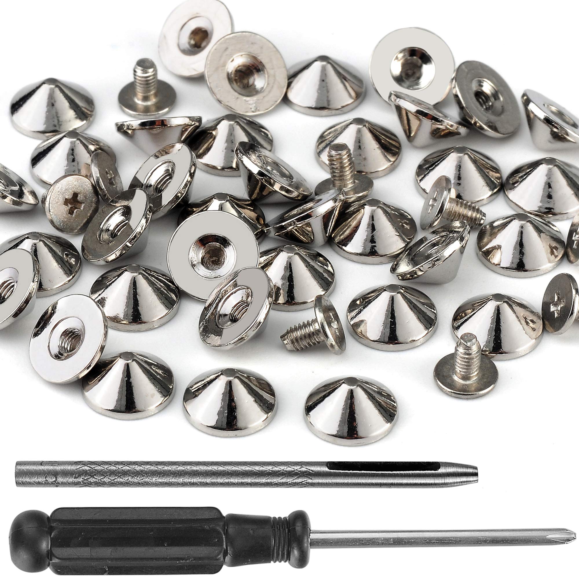 Photo 1 of YORANYO 100 Sets Cone Spikes and Studs 4.7MM Height Silver Color 3/16" Bullet Spikes Screw Back Punk Studs and Spikes for Clothing Shoes Leather Craft Belts Bag Rivets with Installation Tools