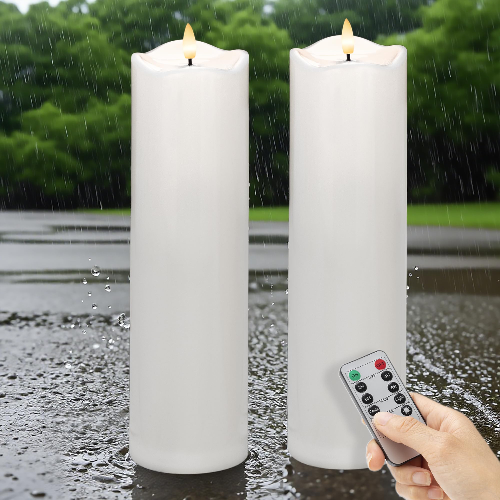 Photo 1 of SEHNSY 4" x 14" Large Outdoor Flameless Candles with Remote, Waterproof Pillar Candles, Plastic Battery Operated Candles for Patio Porch Lanterns, White (Pack of 2)