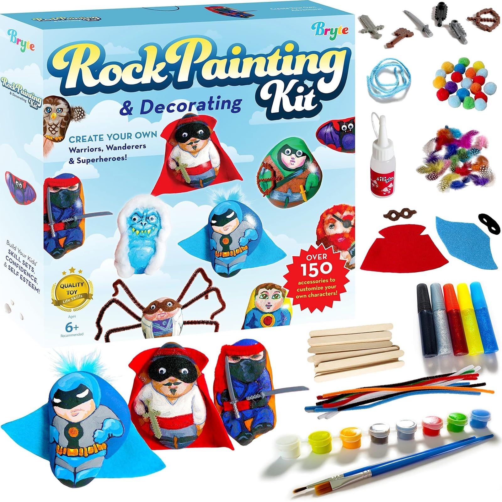 BRYTE 150+ Piece Deluxe Kids Rock Painting Kit, 10 Rocks with Waterproof Paints, Glue & Accessories, DIY Arts and Crafts STEM Activities for Age 6-12 Years, Warrior & Monster