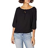 Star Vixen Women's Petite 3/4 Sleeve Tieneck Elasticized Peasant Top, Black, PL