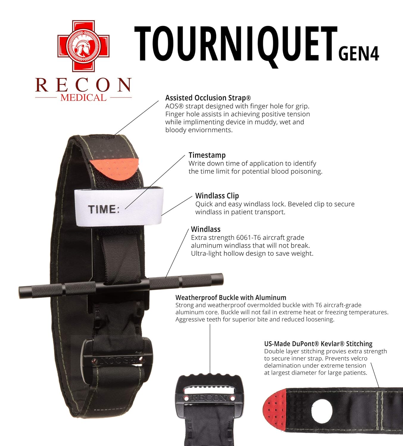 Recon Medical GEN 4 Tourniquet - Black - New and Improved Buckle Mil-Spec Kevlar Metal Windlass Aluminum Lightweight First Aid Tactical Swat Medic Pre-Hospital Life Saving Hemorrhage Control (1 Pack): Industrial & Scientific