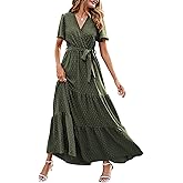 MASCOMODA Womens Summer Swiss Dot Maxi Dressses Wrap V Neck Flutter Short Sleeve Boho Casual Flowy Long Wedding Guest Dress