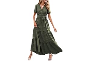 MASCOMODA Womens Summer Swiss Dot Maxi Dresses Wrap V Neck Flutter Short Sleeve Boho Casual Flowy Long Wedding Guest Dress