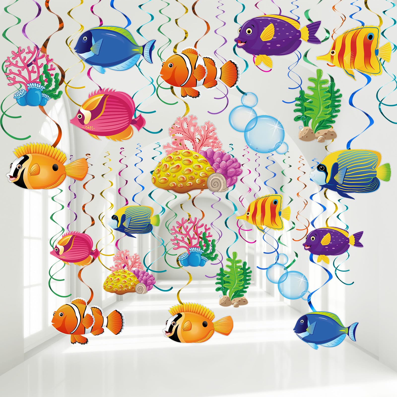 30 Pcs Tropical Fish Hanging Swirls Under The Sea Party Decorations Ceiling Decor Ocean Themed Mermaid Creatures Beach Party Supplies Under The Sea Decor(Fish Style)