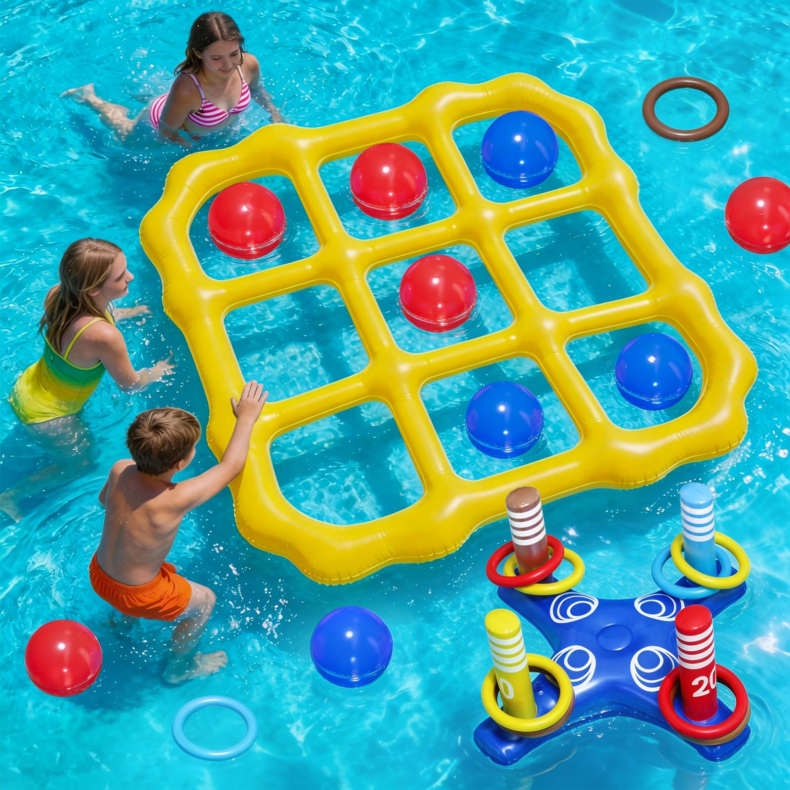 Photo 1 of 2-in-1 Giant Tic Tac Toe & Ring Toss Pool Toys Game Set, Inflatable Floating Water Toys for Kids, Teens & Adults, Fun Summer Pool Party Games for Backyard, Swimming Pool & Beach
