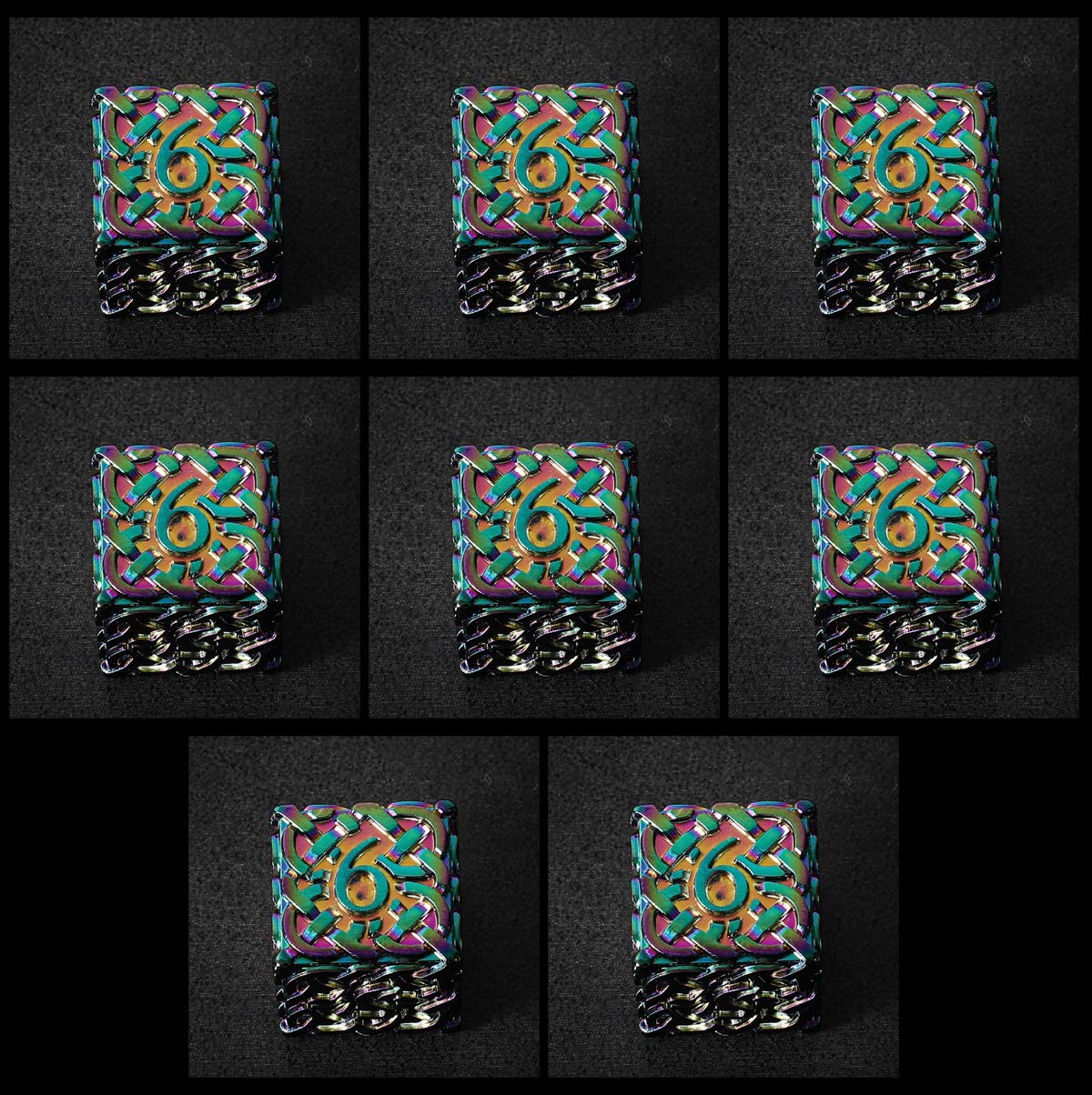 Set of 8x D6 Endless Chaos Dice (Rainbow) - solid metal dice Extra Large & Extra Heavy for DnD Dungeons and Dragons Pathfinder Call of Cthulhu Tabletop RPG Warhammer 40k Dice Celtic Dice