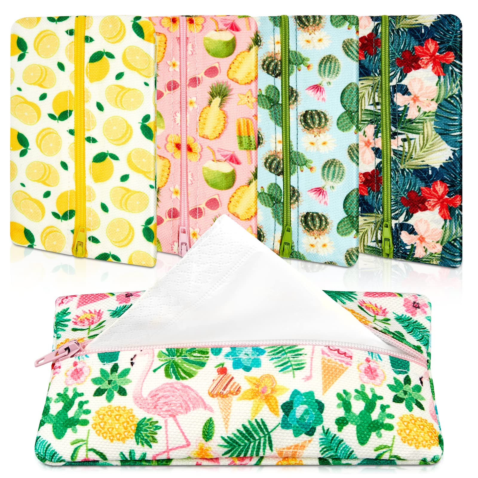 Photo 1 of Sherr 5 Pieces Tissues Purse Pocket Tissue Holder Reusable Travel Tissue Pouch Fabric Zipper Enclosed Small Size Flower Pattern Tissue Holder for Purse Coins for Summer, 5.25 x 3 Inch