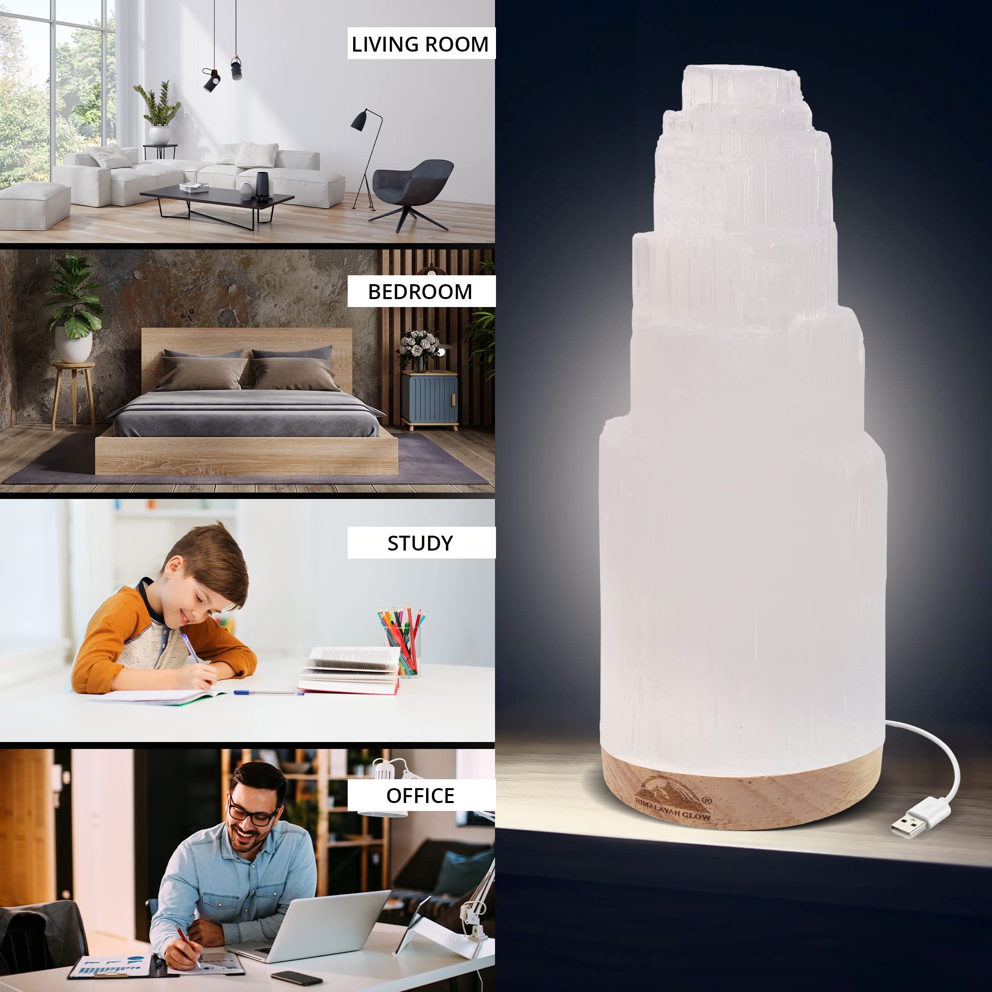 Himalayan Glow Selenite Crystal Lamp 20 cm, Hand Curved Moroccan Charging Station, Crystals and Healing Stones, Electric Cord with Dimmer Switch For Home Decor & Spiritual Protection 4-7 Lbs