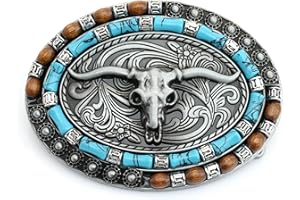 CRAFTMEMORE Western Longhorn Belt Buckle, Oval with Turquoise and Beaded Border, fits 1.5 Inch Belt, Antique Silver