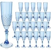 LEYIQU Plastic Champagne Flutes, Champagne Glasses Bulk, Reusable Unbreakable Acrylic Wine Glasses Goblets for Valentine’s Day Weddings Bachelor Parties Toasting (24, Blue)