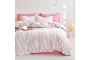 Wake In Cloud - Striped Cotton Duvet Cover Set, Ticking Stripe Vertical Pinstripe Farmhouse, 100% Washed Cotton Textured Percale Bedding Set, 3 Pieces, Pink White, Queen Size